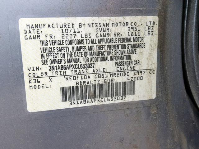 3N1AB6APXCL653037 - 2012 NISSAN SENTRA 2.0 GRAY photo 10