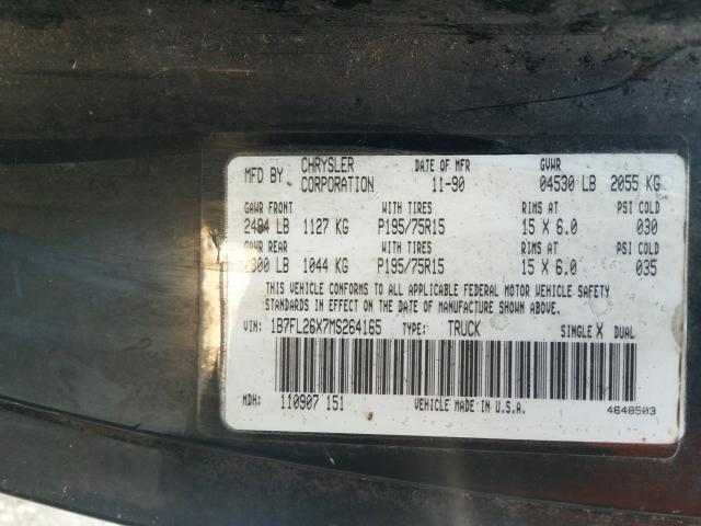 1B7FL26X7MS264165 - 1991 DODGE DAKOTA BLACK photo 10