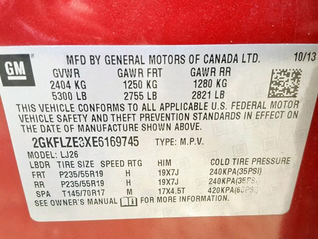 2GKFLZE3XE6169745 - 2014 GMC TERRAIN DE RED photo 10