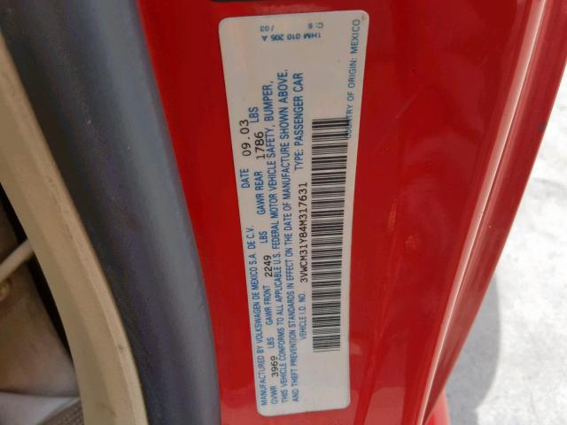 3VWCM31Y84M317631 - 2004 VOLKSWAGEN NEW BEETLE წითელი ფოტო 10