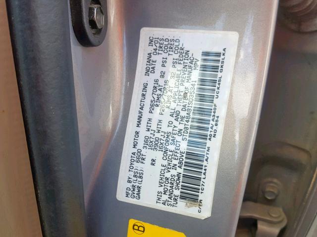 5TDBT48A81S035341 - 2001 TOYOTA SEQUOIA LI GRAY photo 10