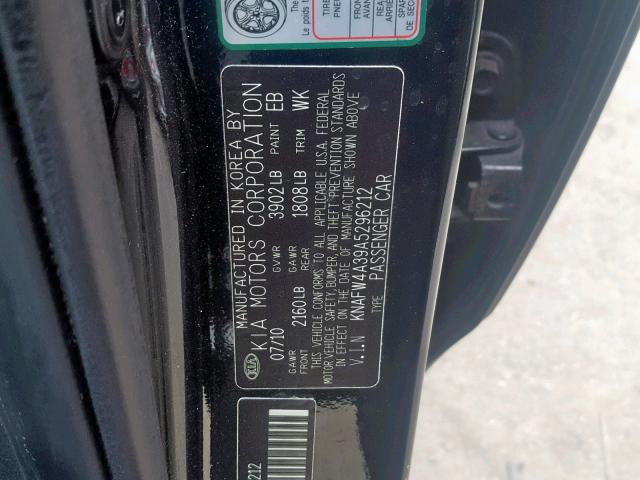 KNAFW4A39A5296212 - 2010 KIA FORTE SX BLACK photo 10