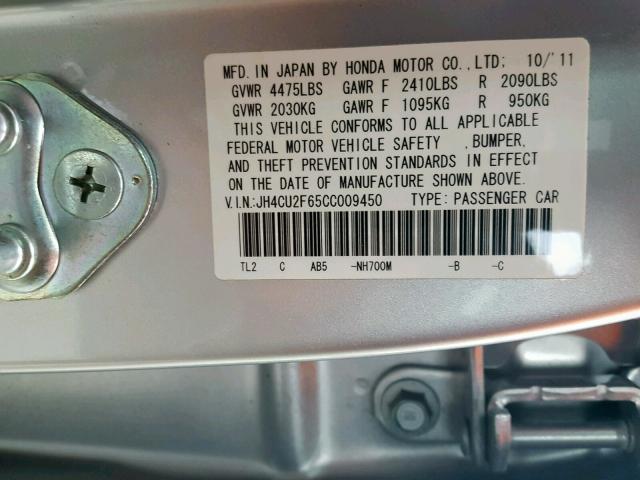 JH4CU2F65CC009450 - 2012 ACURA TSX TECH SILVER photo 10