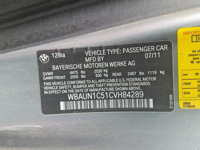 WBAUN1C51CVH84289 - 2012 BMW 128 I GRAY photo 10