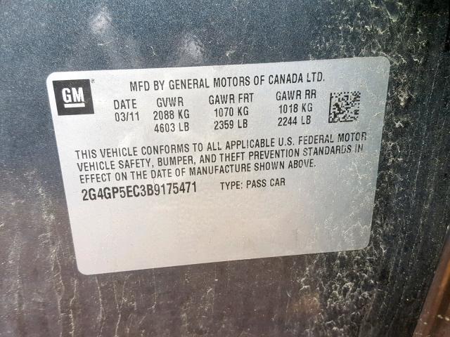 2G4GP5EC3B9175471 - 2011 BUICK REGAL CXL GRAY photo 10