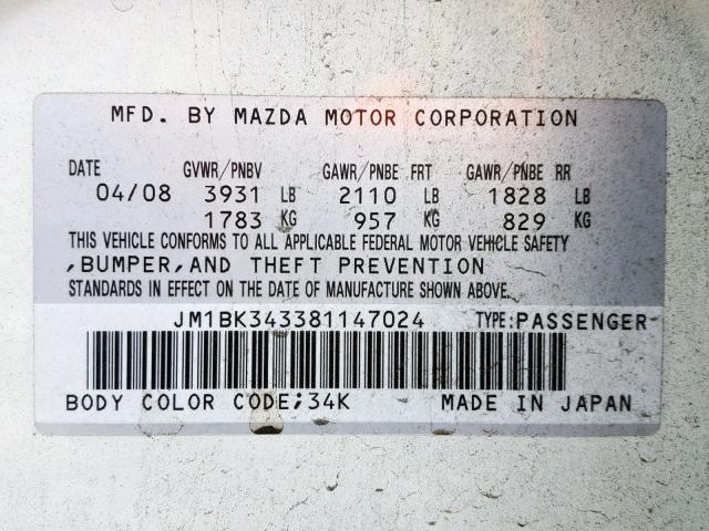 JM1BK343381147024 - 2008 MAZDA 3 HATCHBAC WHITE photo 10