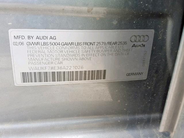 WAUKF78E36A221026 - 2006 AUDI A4 2.0T AV SILVER photo 10