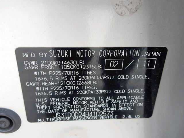 JS3TD0D24B4102573 - 2011 SUZUKI GRAND VITA SILVER photo 10