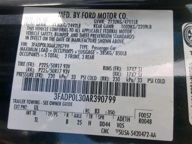 3FADP0L30AR390799 - 2010 FORD FUSION HYB BLACK photo 10