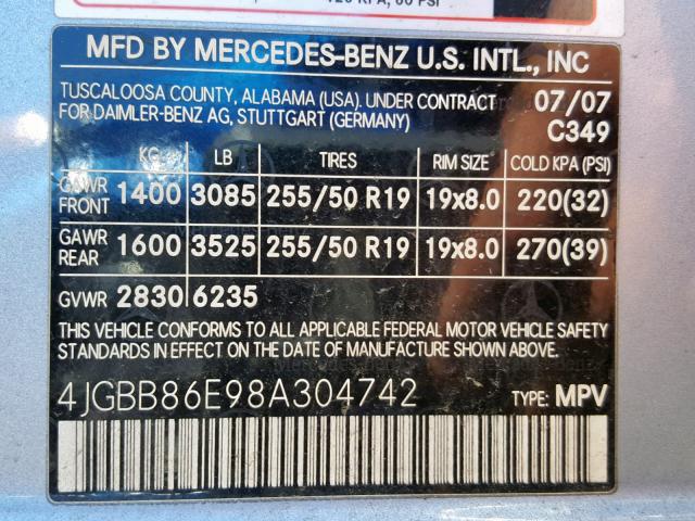 4JGBB86E98A304742 - 2008 MERCEDES-BENZ ML 350 BLUE photo 10