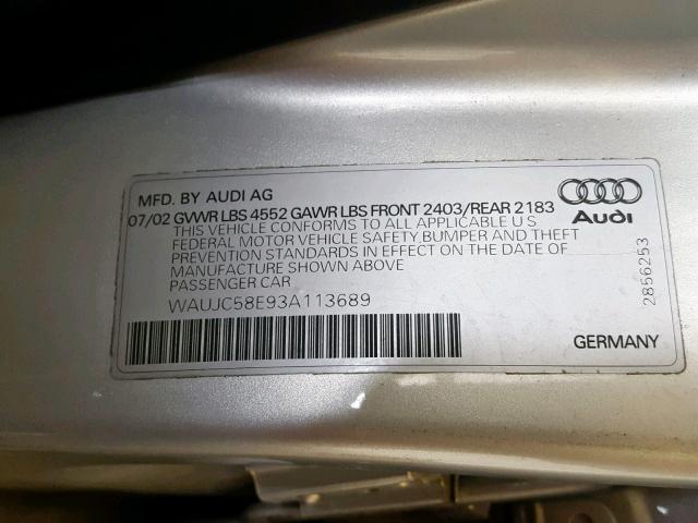 WAUJC58E93A113689 - 2003 AUDI A4 1.8T SILVER photo 10