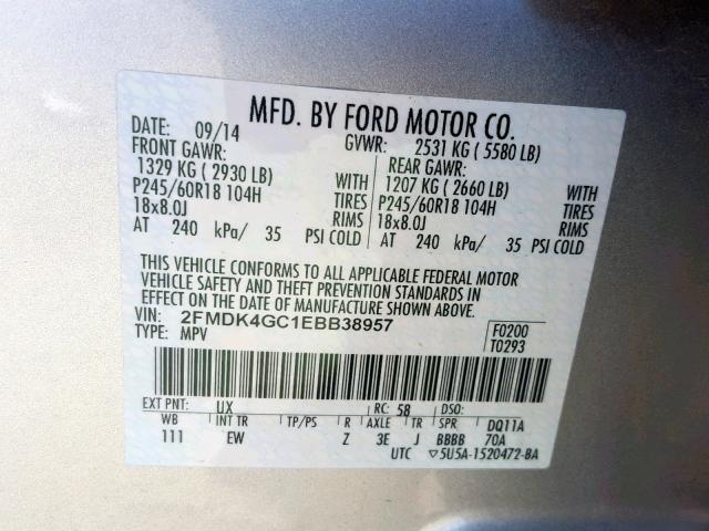 2FMDK4GC1EBB38957 - 2014 FORD EDGE SE SILVER photo 10