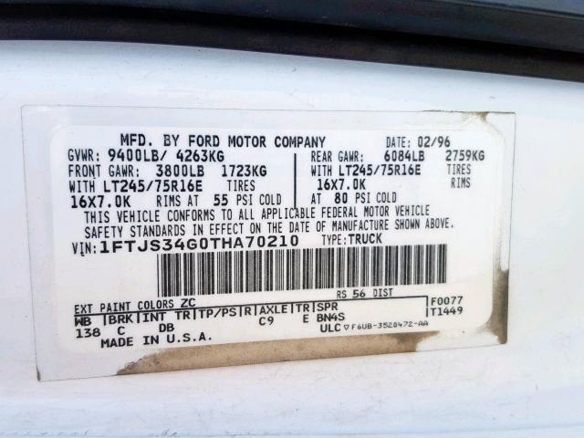 1FTJS34G0THA70210 - 1996 FORD EC VAN 350 WHITE photo 10