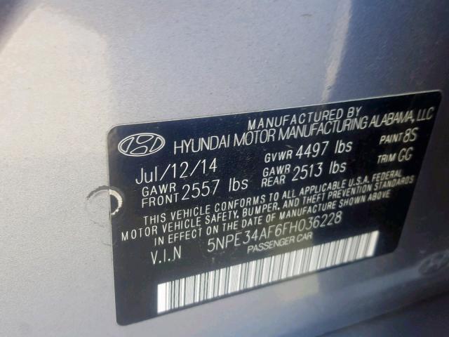 5NPE34AF6FH036228 - 2015 HYUNDAI SONATA SPO GRAY photo 10