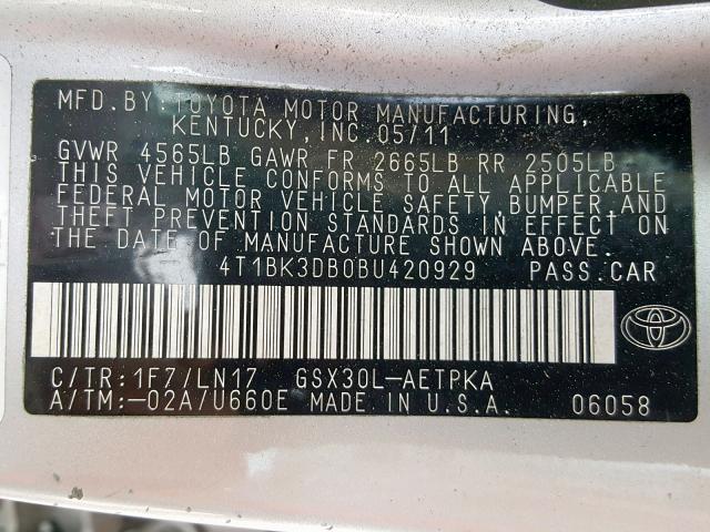 4T1BK3DB0BU420929 - 2011 TOYOTA AVALON BAS SILVER photo 10