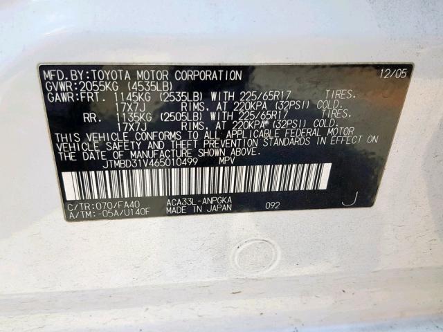 JTMBD31V465010499 - 2006 TOYOTA RAV4 LIMIT WHITE photo 10