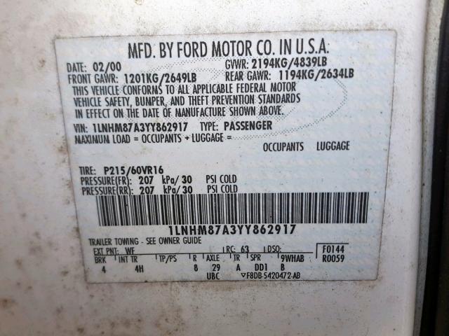 1LNHM87A3YY862917 - 2000 LINCOLN LS WHITE photo 10