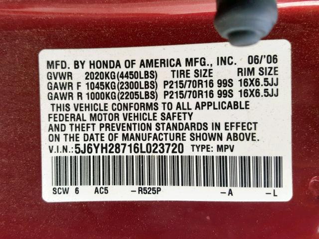 5J6YH28716L023720 - 2006 HONDA ELEMENT EX MAROON photo 10