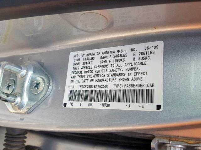 1HGCP26819A162584 - 2009 HONDA ACCORD EXL SILVER photo 10