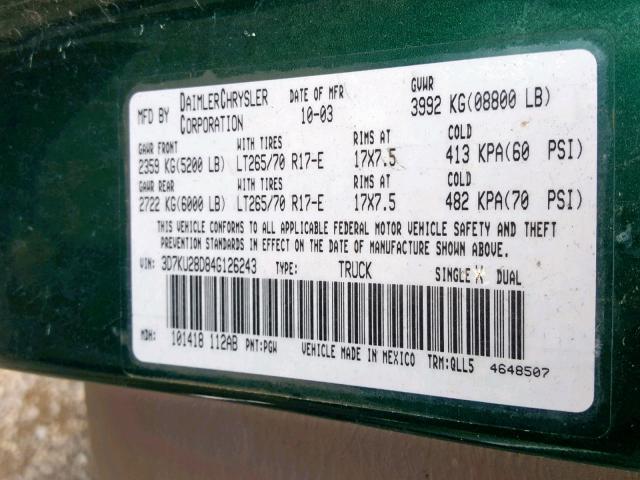 3D7KU28D84G126243 - 2004 DODGE RAM 2500 S GREEN photo 10