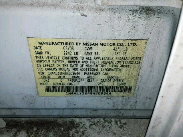 1N4AL21E48N509644 - 2008 NISSAN ALTIMA 2.5 WHITE photo 10