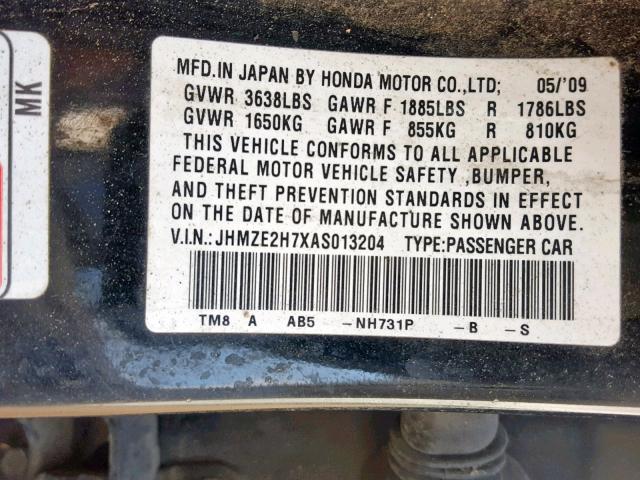 JHMZE2H7XAS013204 - 2010 HONDA INSIGHT EX BLACK photo 10