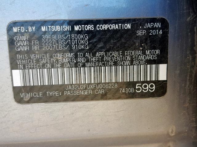 JA32U2FUXFU006228 - 2015 MITSUBISHI LANCER ES GRAY photo 10