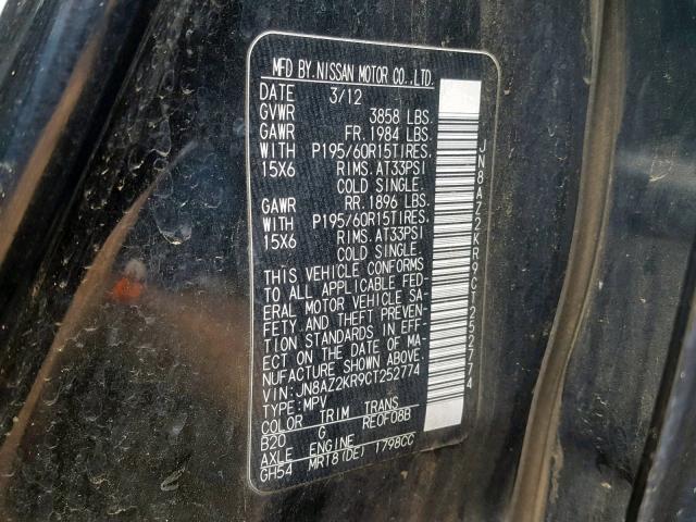 JN8AZ2KR9CT252774 - 2012 NISSAN CUBE BASE BLACK photo 10