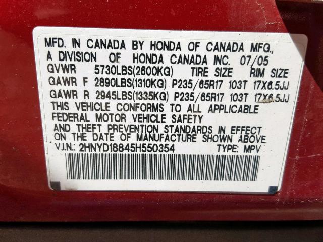 2HNYD18845H550354 - 2005 ACURA MDX TOURIN RED photo 10