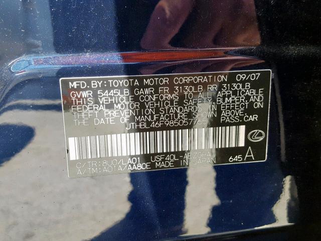 JTHBL46F985057765 - 2008 LEXUS LS 460 BLUE photo 10