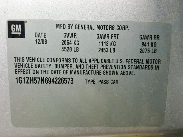 1G1ZH57N694226573 - 2009 CHEVROLET MALIBU 1LT SILVER photo 10