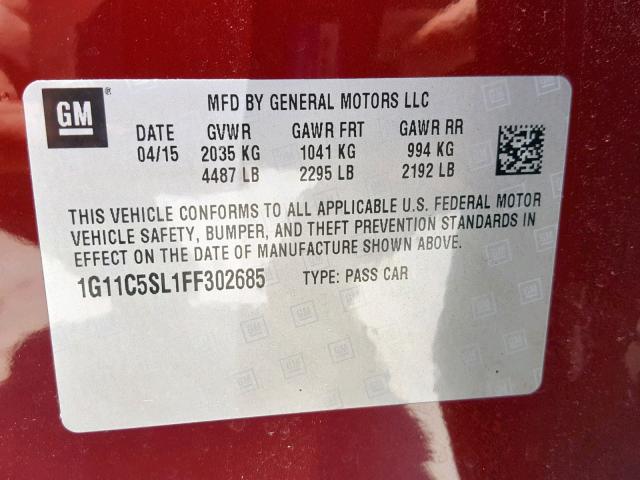 1G11C5SL1FF302685 - 2015 CHEVROLET MALIBU 1LT MAROON photo 10