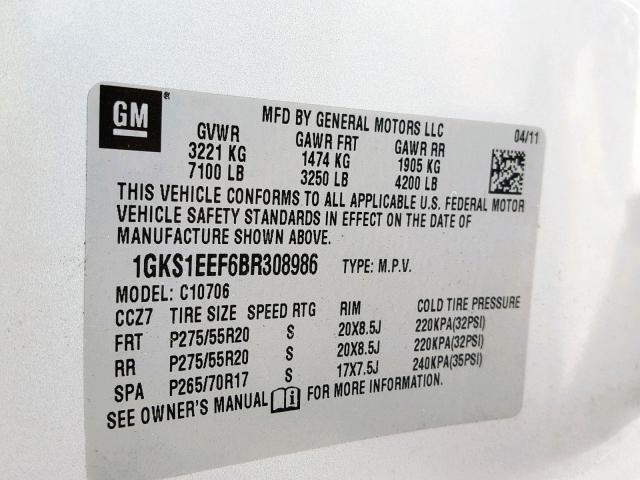 1GKS1EEF6BR308986 - 2011 GMC YUKON DENA SILVER photo 10