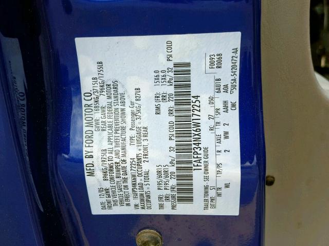 1FAFP34NX6W172254 - 2006 FORD FOCUS ZX4 BLUE photo 10