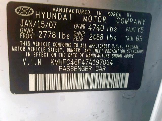 KMHFC46F47A197064 - 2007 HYUNDAI AZERA SE SILVER photo 10