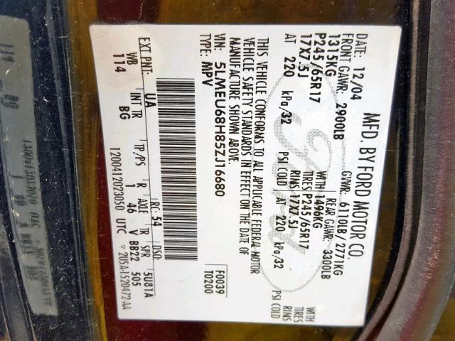 5LMEU68H85ZJ16680 - 2005 LINCOLN AVIATOR Qara foto 10