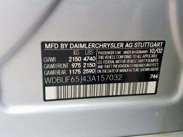 WDBUF65J43A157032 - 2003 MERCEDES-BENZ E 320 SILVER photo 10