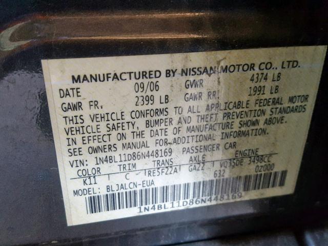 1N4BL11D86N448169 - 2006 NISSAN ALTIMA SE GRAY photo 10