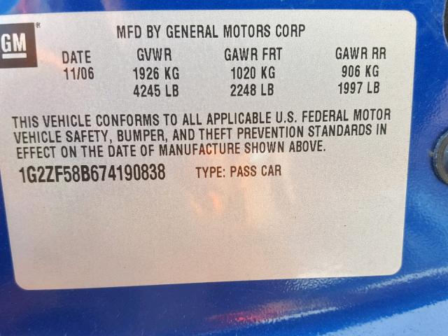 1G2ZF58B674190838 - 2007 PONTIAC G6 VALUE L BLUE photo 10