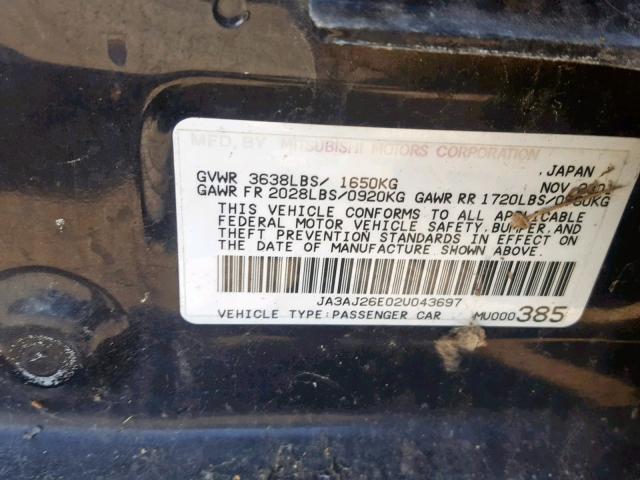 JA3AJ26E02U043697 - 2002 MITSUBISHI LANCER ES BLACK photo 10