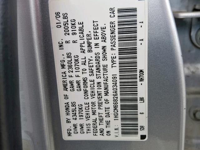 1HGCM66826A034091 - 2006 HONDA ACCORD EX SILVER photo 10