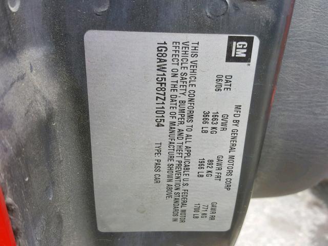 1G8AW15F87Z110154 - 2007 SATURN ION LEVEL RED photo 10