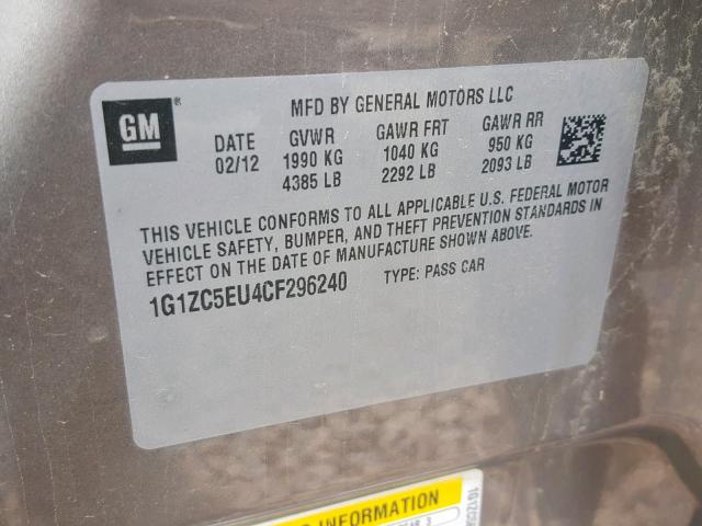 1G1ZC5EU4CF296240 - 2012 CHEVROLET MALIBU 1LT 灰色 照片 10