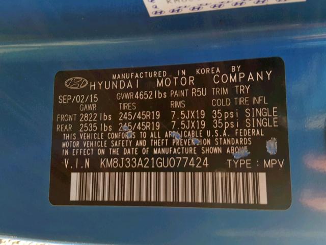 KM8J33A21GU077424 - 2016 HYUNDAI TUCSON LIM BLUE photo 10