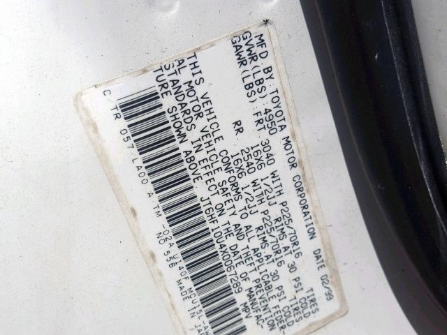 JT6HF10U4X0067289 - 1999 LEXUS RX 300 WHITE photo 10