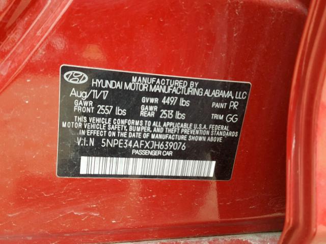 5NPE34AFXJH639076 - 2018 HYUNDAI SONATA SPO RED photo 10