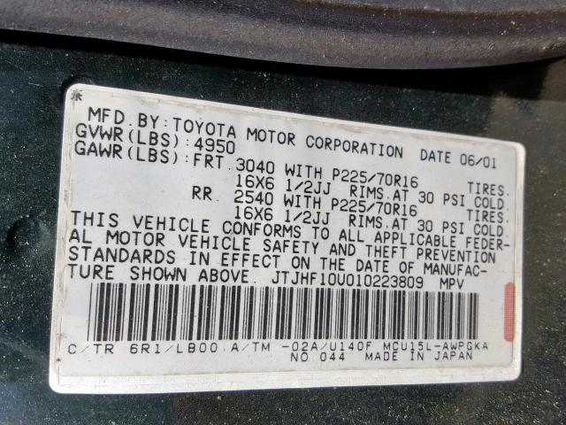 JTJHF10U010223809 - 2001 LEXUS RX 300 GREEN photo 10