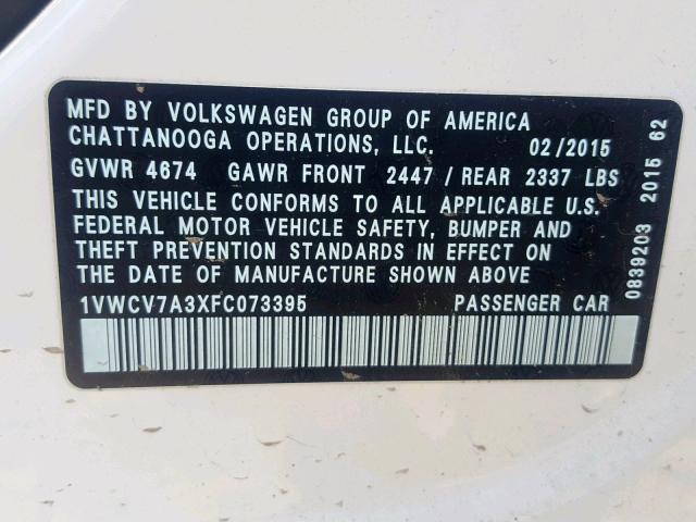 1VWCV7A3XFC073395 - 2015 VOLKSWAGEN PASSAT SEL WHITE photo 10