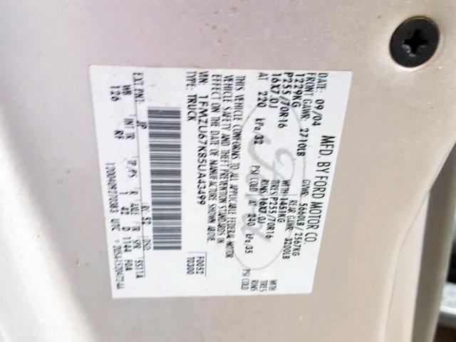 1FMZU67K85UA43499 - 2005 FORD EXPLORER S GRAY photo 10