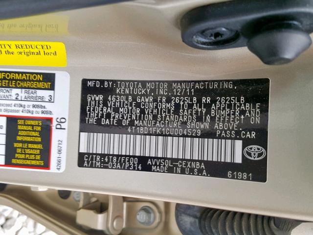 4T1BD1FK1CU004529 - 2012 TOYOTA CAMRY HYBR GOLD photo 10